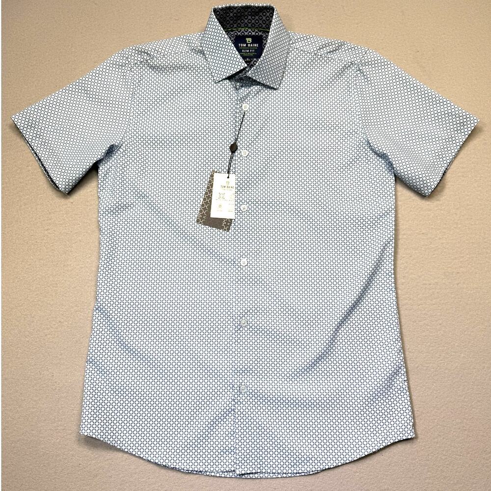 Tom Bain slim fit performance short sleeve geometric shirt, Navy small $60